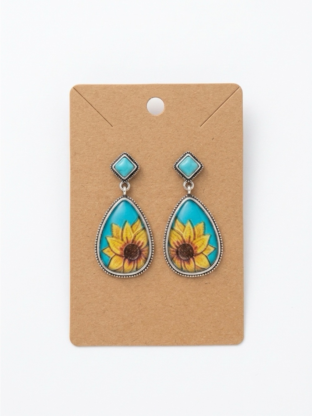 Sunflower Teardrop Dangle Earrings - Turquoise and Yellow -